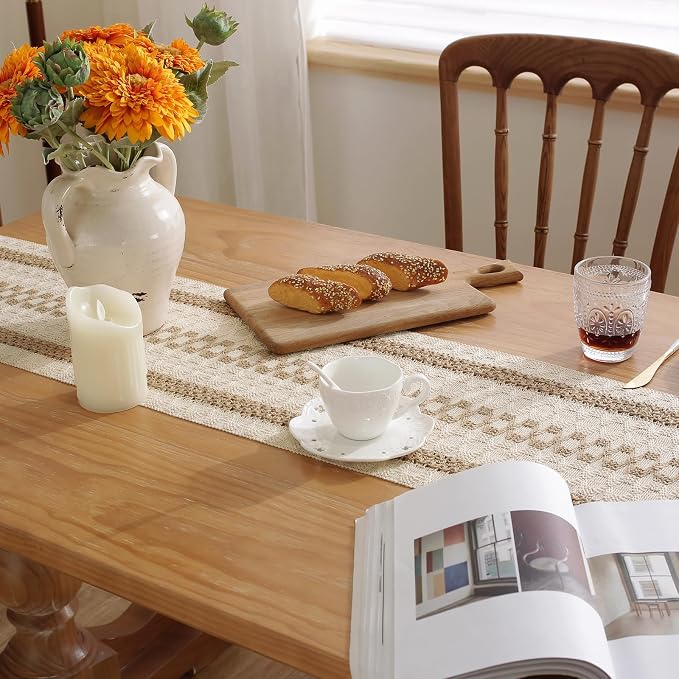 Boho Summer Table Runner with Tassels 12 x 72 Inches Long, Cream & Brown Rustic - Image 4