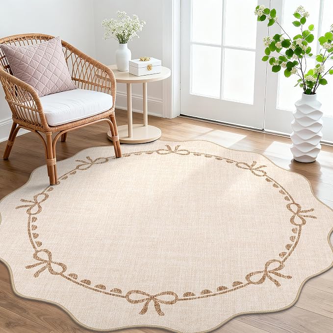 GarveeHome Scalloped Bow Rug for Living Room, 5ft Round Rugs Washable Solid - Image 2