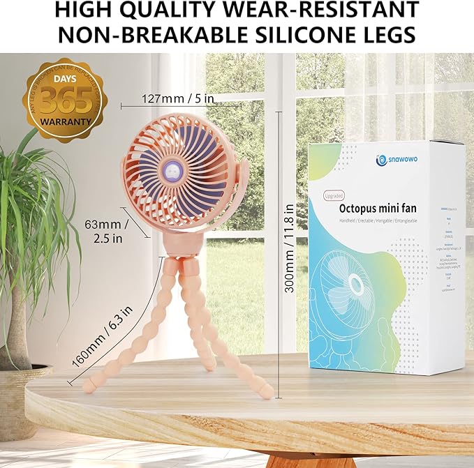 snawowo Mini Portable Baby Stroller Fan, Battery Operated Clip on Fan, Rechargeable 360° Rotate Flexible Tripod Handheld Cooling for Car Seat Crib Treadmill Travel（Pink）