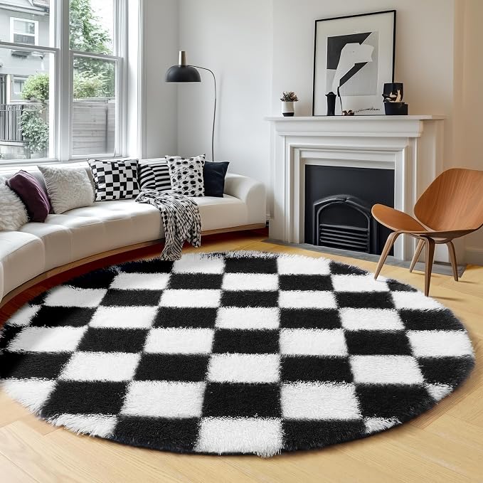 KICMOR Round Rugs 6ft for Bedroom Living Room, Large Plush Checkered Circular - Image 3
