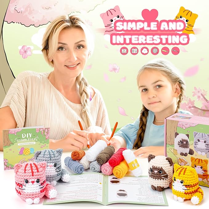 Crochet Kit for Beginners -4 PCS Cat Crochet Kit with Step-by-Step Video Tutorials, Learn to Crochet Kits for Adults and Kids, Beginner Crochet Kits for Adults, Animals Cat Crafts Knitting Kit