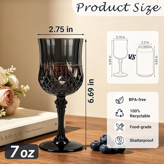 12Pack Plastic Wine Glasses, 7oz Vintage Goblets - Image 2