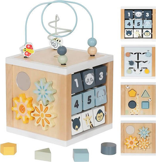 Wooden Activity Cube, 6-in-1 Montessori Toys for 1+ Year Old Boys & Girls, Educational Learning Toys for 1 2 3 Year Old Baby|Bead Maze|Shape Sorter|Mirror|Gear