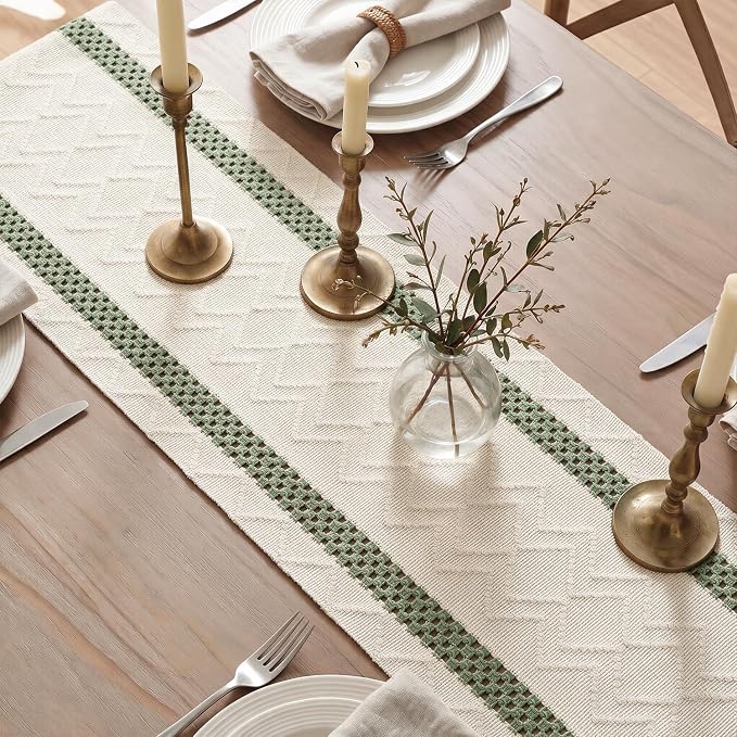 Artoid Mode Sage Green Stripe Woven Rustic Table Runner 12x72 Inch | Holiday - Image 4