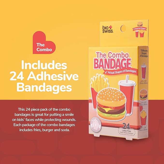 BioSwiss Bandages, Combo Meal Shaped Self Adhesive Bandage, Latex Free Sterile Wound Care, Fun First Aid Kit Supplies for Kids, 24 Count