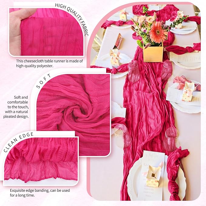 Showgeous 2 Pack Hot Pink Cheesecloth Table Runners Boho Wedding Decor | Rustic - Image 3