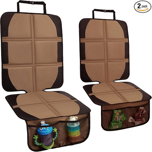 Car Seat Protector, 2 Pack Baby CarSeat Covers with Mesh Pockets & Non-Slip Backing 600D Durable Seat Protectors Under Car Seat for Baby (Black & Brown, Large)