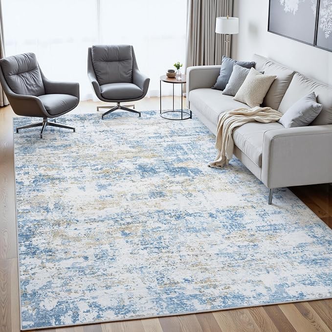 Area Rug 5x7 Living Room Rug Washable: No-Slip Abstract Soft Thin Large Blue - Image 3