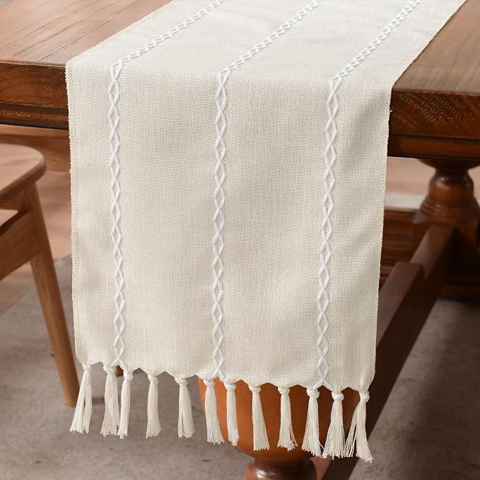 Wracra Rustic Linen Table Runner, Ivory Table Runners 72 inches Long | Raised by Wracra