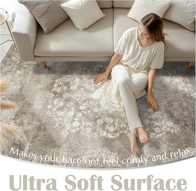 jinchan Washable Area Rug 3x5 Entryway - Soft Distressed Vintage Floral Indoor Bedroom Rug Faux Wool Low Pile Small Oriental Accent Carpet for Kitchen,Entrance,Bedside,Dining Room(Brown,3'x5')