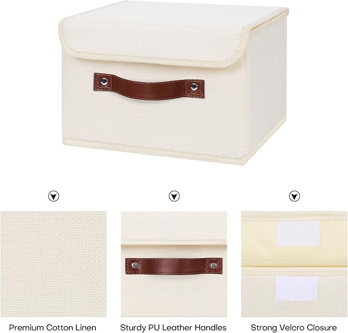 ANMINY 2PCS Storage Bins with Lid PU Leather Handles Storage Boxes PP Plastic Board Decorative Foldable Lidded Cotton Linen Fabric Home Cubes Baskets Closet Organizer Containers - Beige, Small Size