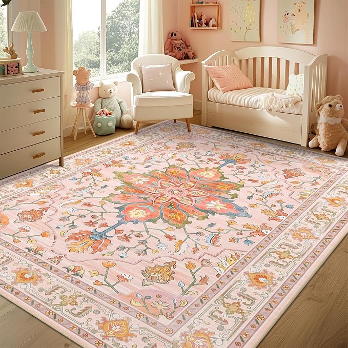RELEANY Area Rugs 4'x6' Washable Non-Slip, Floral Vintage Distress Medallion - Image 3