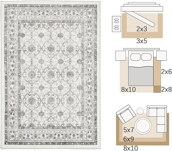 jinchan Floral Area Rugs 4x6 - Machine Washable Vintage Distressed Boho Design Throw Rug Stain Resistant Carpet Low Pile Ultra-Thin Non-Slip for Bedroom Living Room Dining Room Kitchen (4‘x6',Beige)