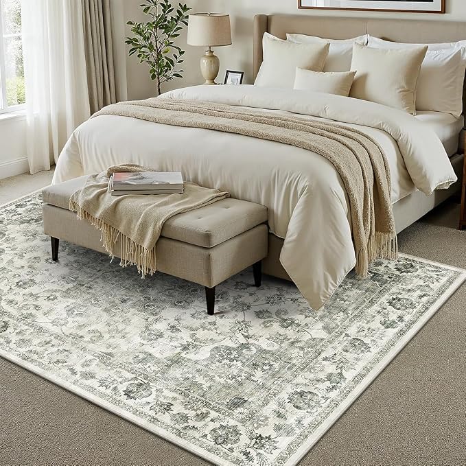 6x9 Washable Neutral Area Rug Green Vintage Living Room Bedroom Carpet Non-Slip - Image 2