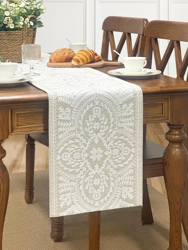 KEVA Boho Table Runner 54inches Long, Farmhouse Rustic Vintage White - Image 7