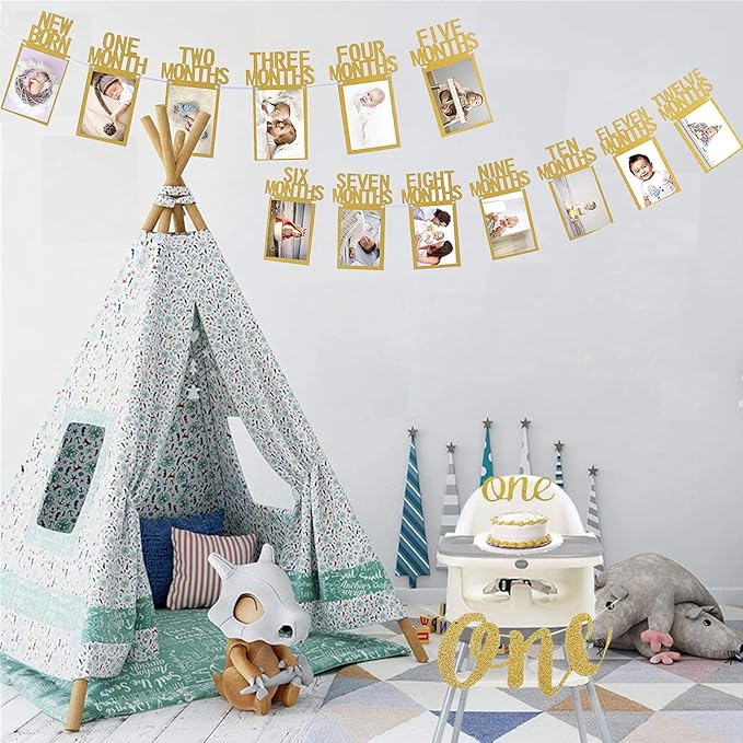 First Birthday Photo Banner Monthly Milestone Photograph Bunting Garland with First Birthday Cake Topper High Chair Banner 1st Birth Decorations