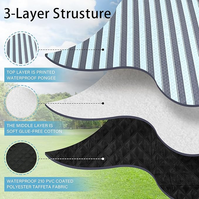 HX&OD Outdoor Picnic Blanket Extra Large, 80''*60'' Waterproof Picnic Mat with Stakes Foldable Camping Blanket Portable with Carry Strap for Beach Mat (Green& White, 80''*60'')