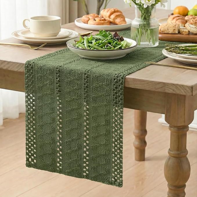 Artoid Mode Army Green Woven Farmhouse Hollow Table Runner 12x120 Inch | - Image 4