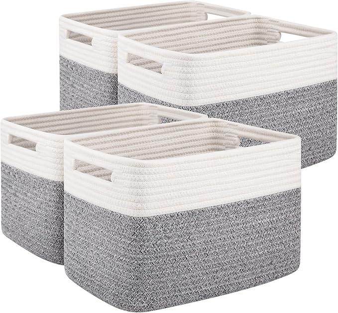 OIAHOMY 4 Pack Storage Baskets for Organizing, Basket for Shelves with Handle, Woven Baskets for Storage Toys, Towels, Books, Cotton Rope Basket 13" L x 9 " W x 7.8 " H, Grey & White