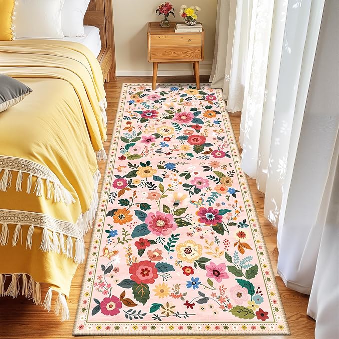 RELEANY Floral 2x6 Area Rugs Washable Print Boho Cute Carpet Non Slip Flower by RELEANY