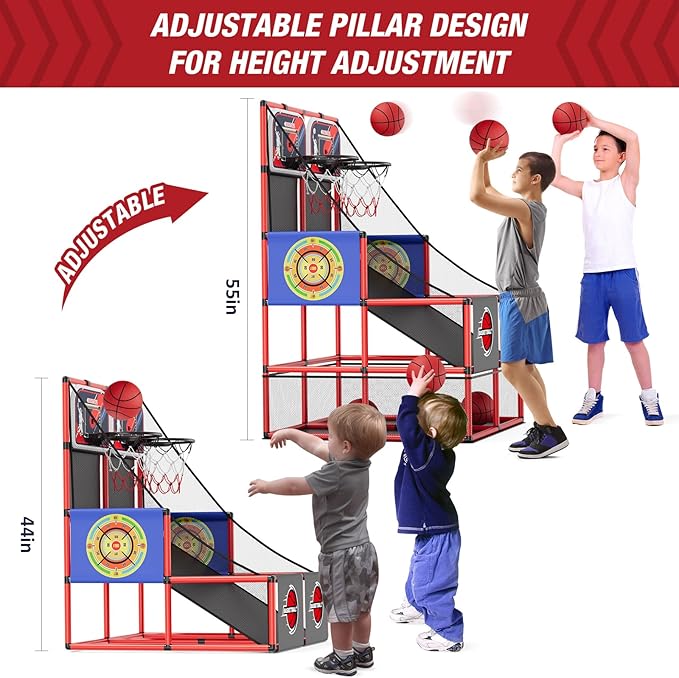 2 in 1 Dual Shot Basketball Arcade Game with 2 Dart Boards/Electronic Scoreboard/LED Light, Kids Basketball Hoop for Home Indoor Outdoor, Sport Toys Gifts for Boys Girls