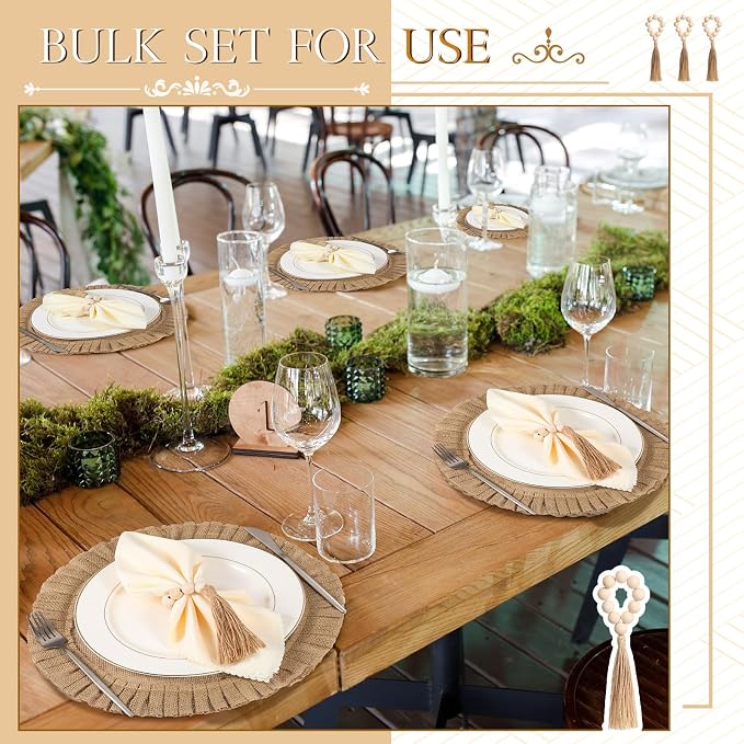 Gejoy Round Burlap Placemats Wood Bead Napkin Rings - Image 5