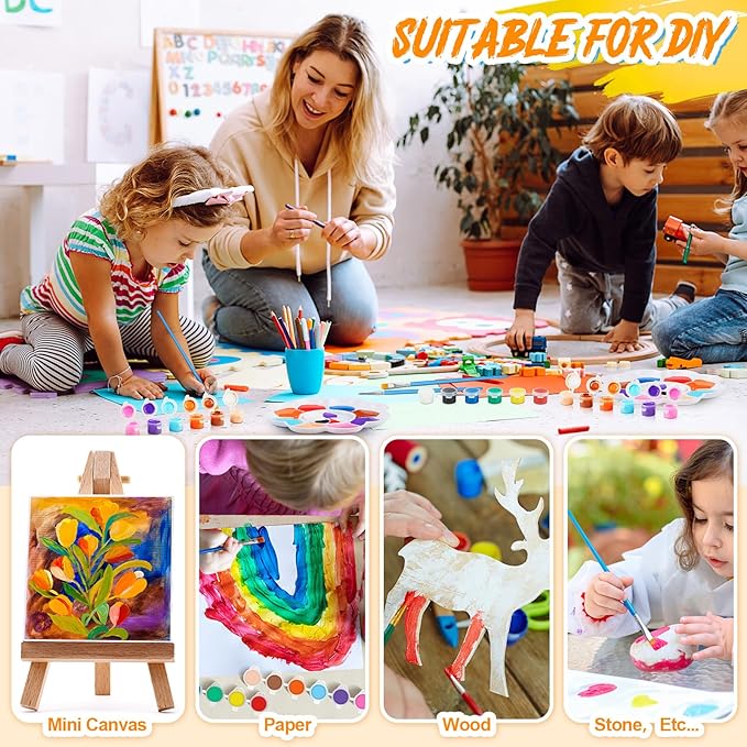 Fulmoon 24 Set Acrylic Paint Kits for Kids Adults Washable Mini Painting Kit Arts Crafts Party Favors Filled Strips Brushes Palettes Bulk for Classroom Home Kit Supplies (Vivid Color)