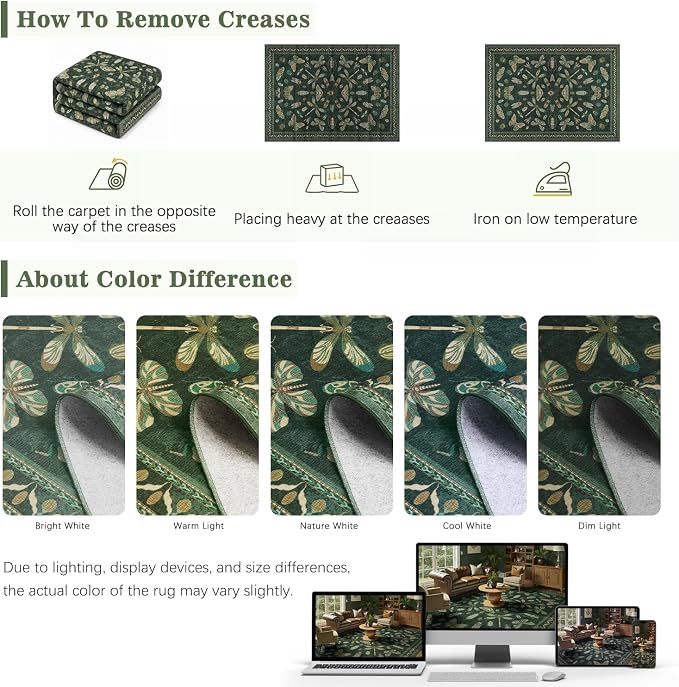 DCX 4x6 Washable Insect Rug, Vintage Gothic Dark Green Rug - Image 9
