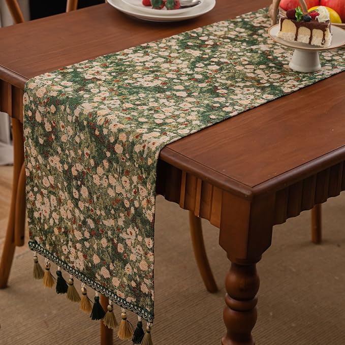 Ditsy Floral Table Runner Daisy Green 13 x 79 Inch | Jacquard Weave Flower - Image 3
