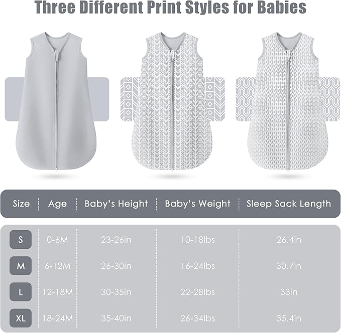 SWEET DOLPHIN Baby Sleep Sack 0-6 Months - 100% Cotton 2-Way Zipper TOG 0.5 Infant Wearable Blanket, Newborn Essentials Toddler 3 Pack Sleeping Sacks - Grey