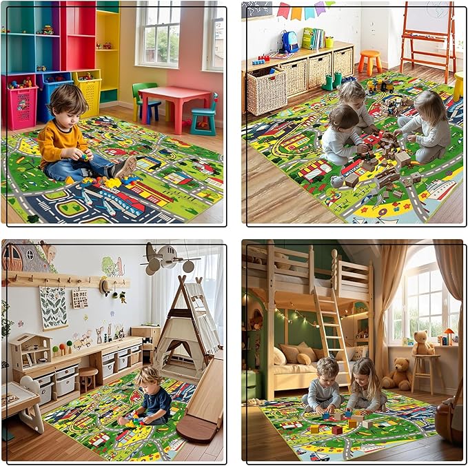 Pack 2 Car Rug Play Mat - Car Train Rugs Playroom Mat, Road Rug Kids Rugs for Bedroom with City Map Design Kid Room Decor, 59x31.49 lnches