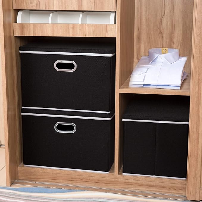 PRANDOM Large Foldable Storage Boxes with Lids [5-Pack] Organizer Containers Baskets Cube with Cover for Home Bedroom Closet Office Black17.7x11.8x11.8 For 6+ Year Old Boys and Girls