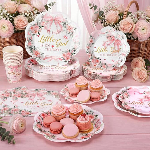 250 Pcs a Sweet Little Girl Is on The Way Baby Shower Plates Napkins | Pink Bow - Image 2
