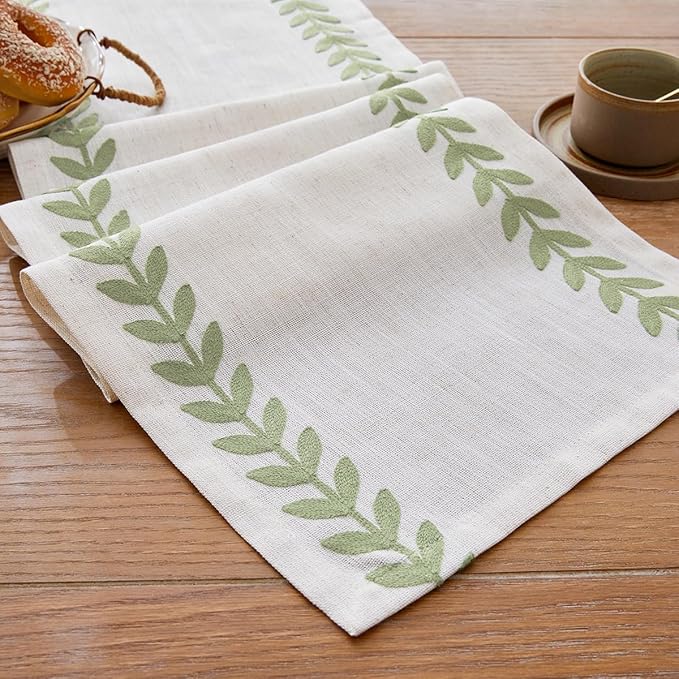 Embroidered Table Runner, Light Green Table Runners 36 Inches Long | Linen by Aoztio