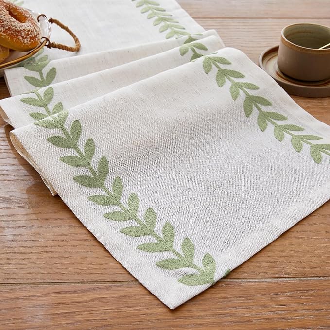 Embroidered Table Runner, Light Green Table Runners 48 Inches Long | Linen by Aoztio