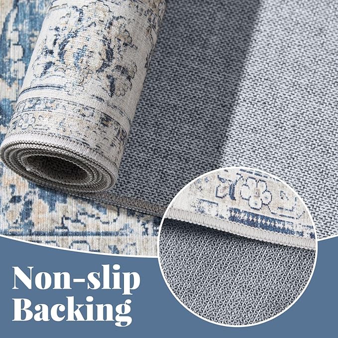 jinchan Runner Rug 2x6 Machine Washable Hallway Rug Dark Blue Vintage Floral Print Non-Slip Low Pile Ultra-Thin for Kitchen,Entryway,Laundry Room,Bedroom,Farmhouse (2‘x6’,Dark Blue)