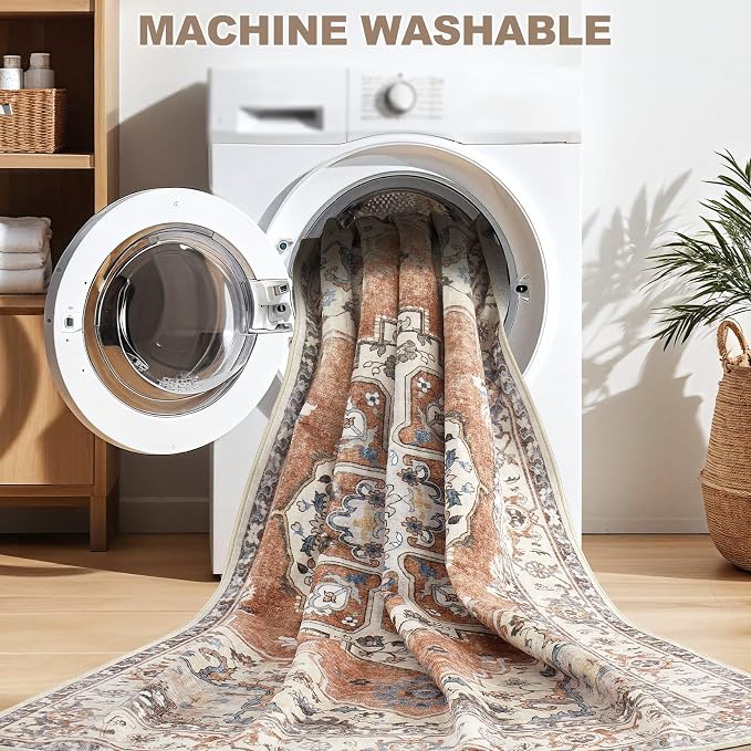 8x10 Washable Area Rug: Vintage Neutral Soft Non Slip Thin Large Floor Carpet - Image 4