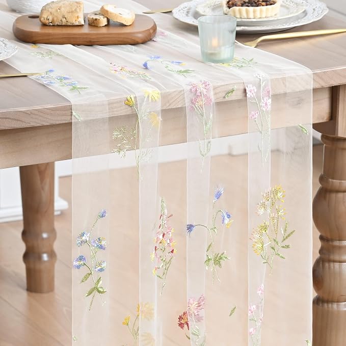 Artoid Mode 6PC Wildflower Floral Milky White Gauze Embroidery Table Runner 120 by ArtoidMode