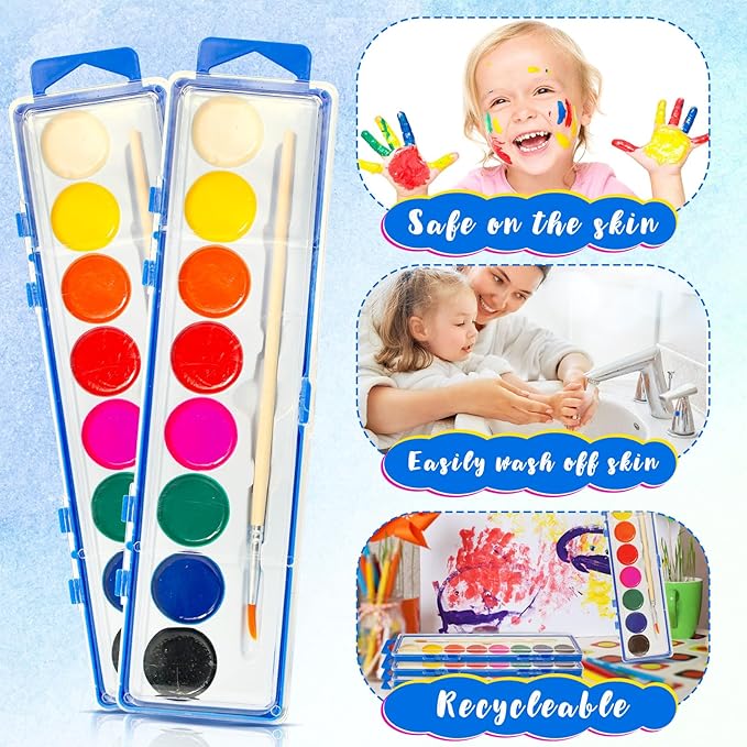 24 Pack Watercolor Paint Set for Kids - 8 Washable,Bright Colors with Paintbrush Watercolor Paint Bulk for Kids Party Favors,Classrooms Supplies,Art Lessons