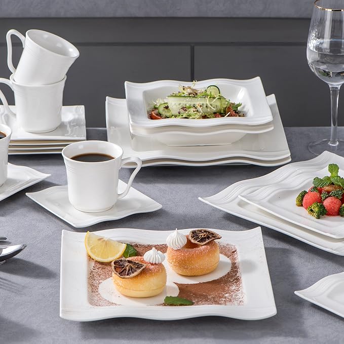 MALACASA 30 Pieces Dinnerware Sets, Modern Ivory White Plates and Bowls Sets - Image 8