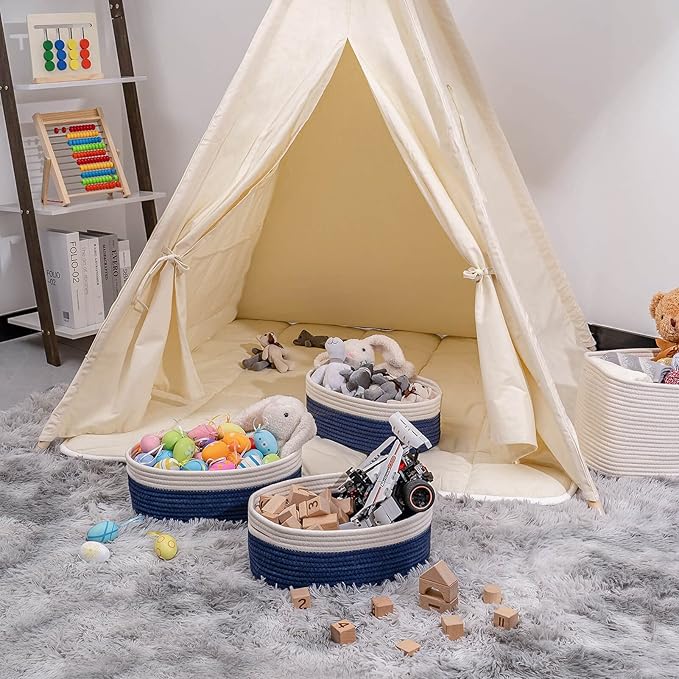 Off White&Navy Shelf Basket to Store and Organize Household Items/Baskets&Bins for Daily Storage &Organizing/Woven Rope Basket for Living Room, Bedroom,Small Oval-13x8.66x5.11’’,3 Packs