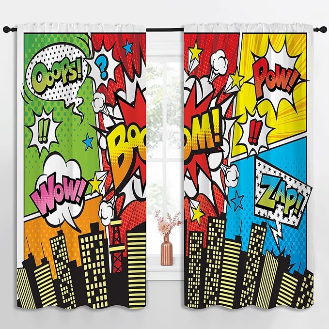 Superhero City Wars Explosion Rod Pocket Blackout Curtains for Boy Girl Bedroom, Colorful Comics Ar Home Energy Efficient Light Filtering Window Curtain for Living Room, 63x63 inch
