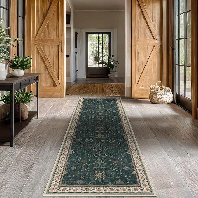 Dark Green Washable Kitchen Runner Rug, Stain Resistant Rugs - Image 2