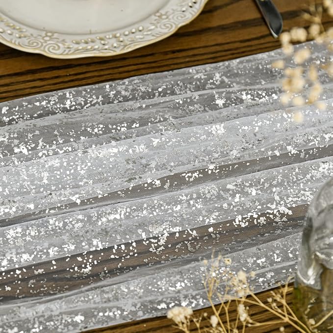Artoid Mode 3Pcs White Silver Gauze Table Runner 120 Inch 10FT, Glitter - Image 3