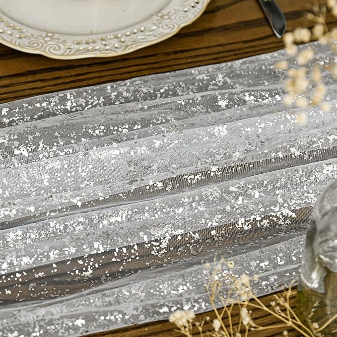 Artoid Mode 6Pcs White Silver Gauze Table Runner 120 Inch 10FT, Glitter - Image 3