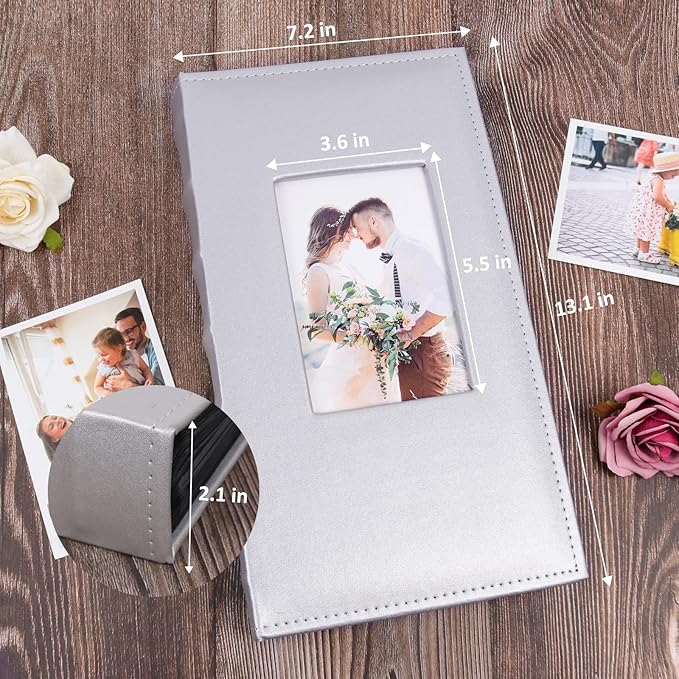 RECUTMS Photo Albums 4x6 Hold 300 Photos Black Pages PU Leather Pocket Album Small Photo Album 4x6 Picture Book for Christmas Gift Wedding Birthday Family Anniversary Baby albums (Silver)