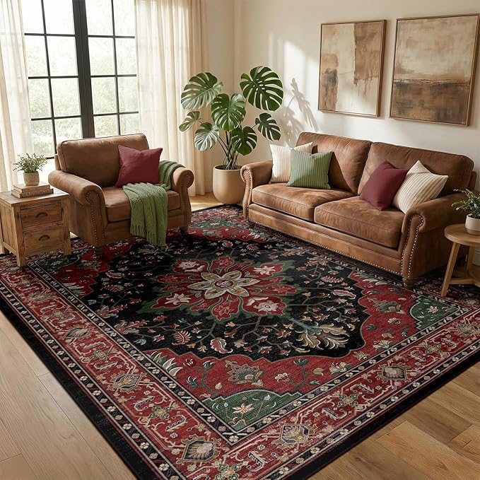 RELEANY Area Rugs 5'x7' Washable Non-Slip, Floral Vintage Distress Medallion by RELEANY
