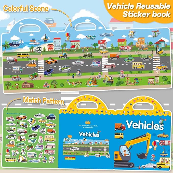 3 Sets Sticker Books for Toddlers 2-4 Years, Reusable Stickers Books for Toddlers 1-3, Travel Toys for Kids 1-3, Airplane Travel Essentials for Kids