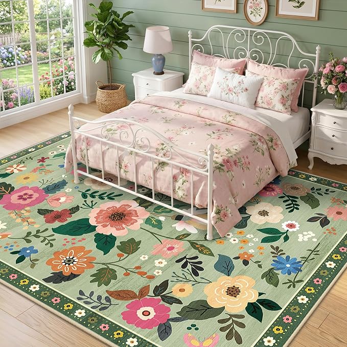 RELEANY Floral 9x12 Area Rugs Washable Print Boho Cute Carpet Non Slip Flower - Image 2