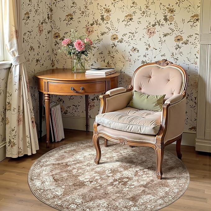 jinchan Round Rug 4ft Area Rug - Brown Vintage Floor Mat Kitchen Indoor - Washable Circle 4' Thin Floral Print Carpet Retro Farmhouse Non Slip Dining Room Living Room Bedroom Office
